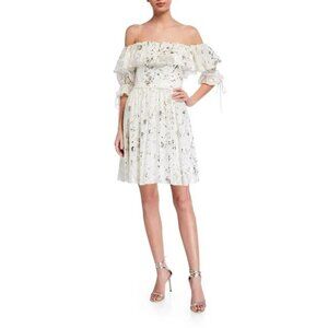 LOVE BY THEIA White Gold Foil Printed Chiffon Off-the-Shoulder Ruffle Dress
